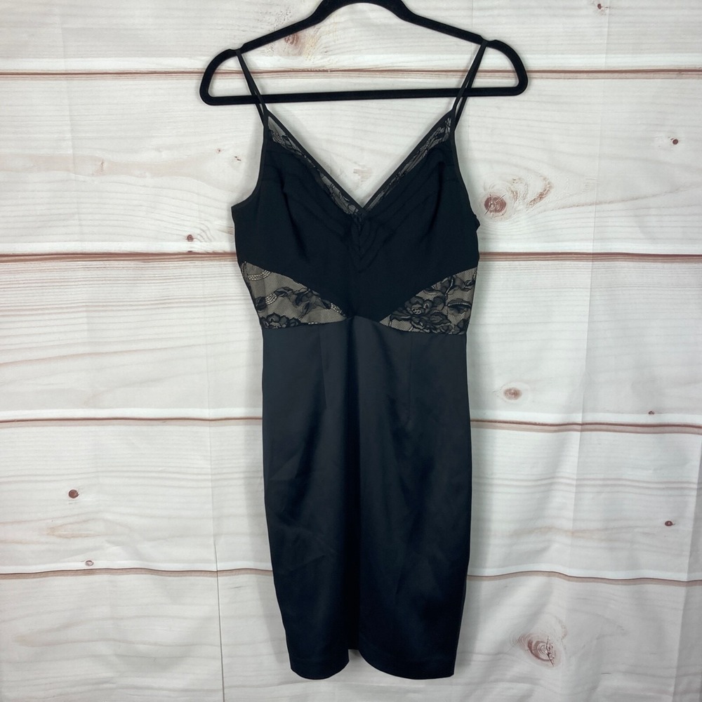BCBGeneration Dress Womens 6 Black Lace Trim Satin Sheath V-Neck Spaghetti Strap